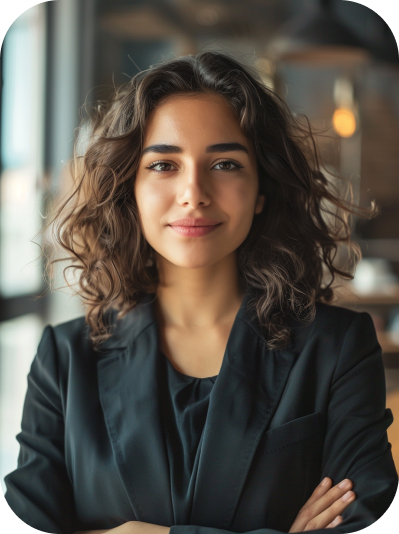 A female marketing expert with curly hair wearing a black blazer with arms crossed standing in a room with soft lighting.