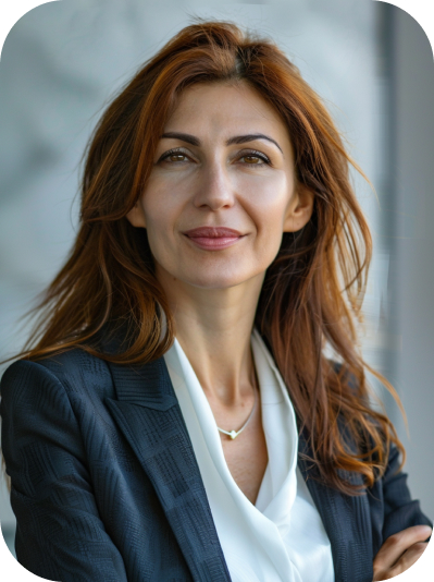 A female finance professional with long brown hair wearing a dark blazer and white shirt with their arm slightly crossed, standing in front of a blurred background.