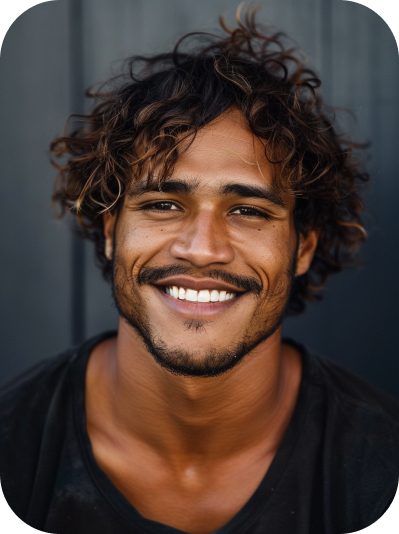 A Australian Aboriginal actor with curly hair wearing a black t-shirt stands in front of a dark, corrugated metal background.