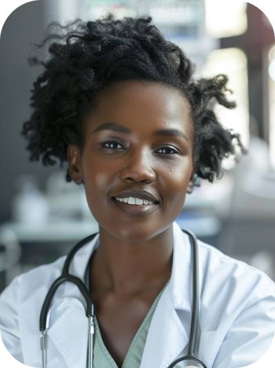 A female doctor with curly hair wearing a white lab coat with a stethoscope around the neck, standing in a room that appears to be a medical office.