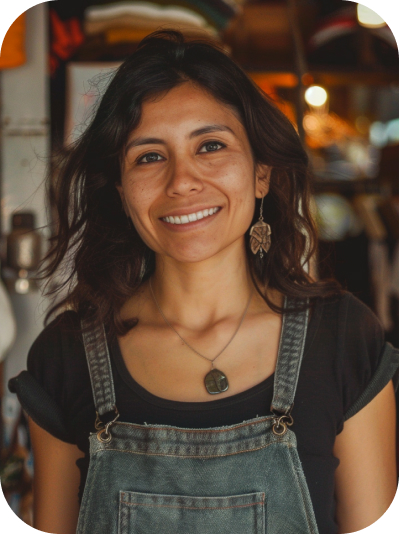 A female retail worker wearing a black t-shirt and denim overalls stands in a room with clothes hanging in the background, accessorized with a patterned earring and a pendant necklace. The background suggests a vintage or thrift store atmosphere with warm lighting.