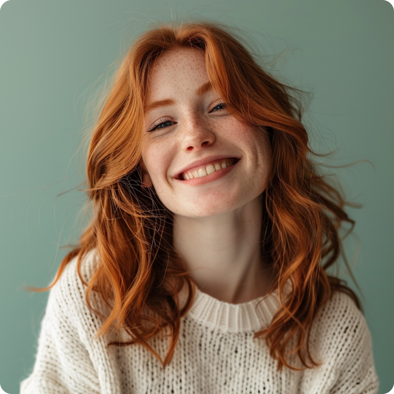 Person with shoulder-length curly red hair wearing a white knitted sweater standing against a teal background.